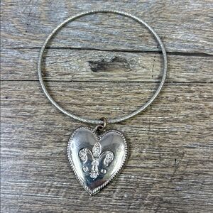 Juicy Couture Silver Tone Heart Charm Bangle Bracelet – Fleur-de-Lis Accent